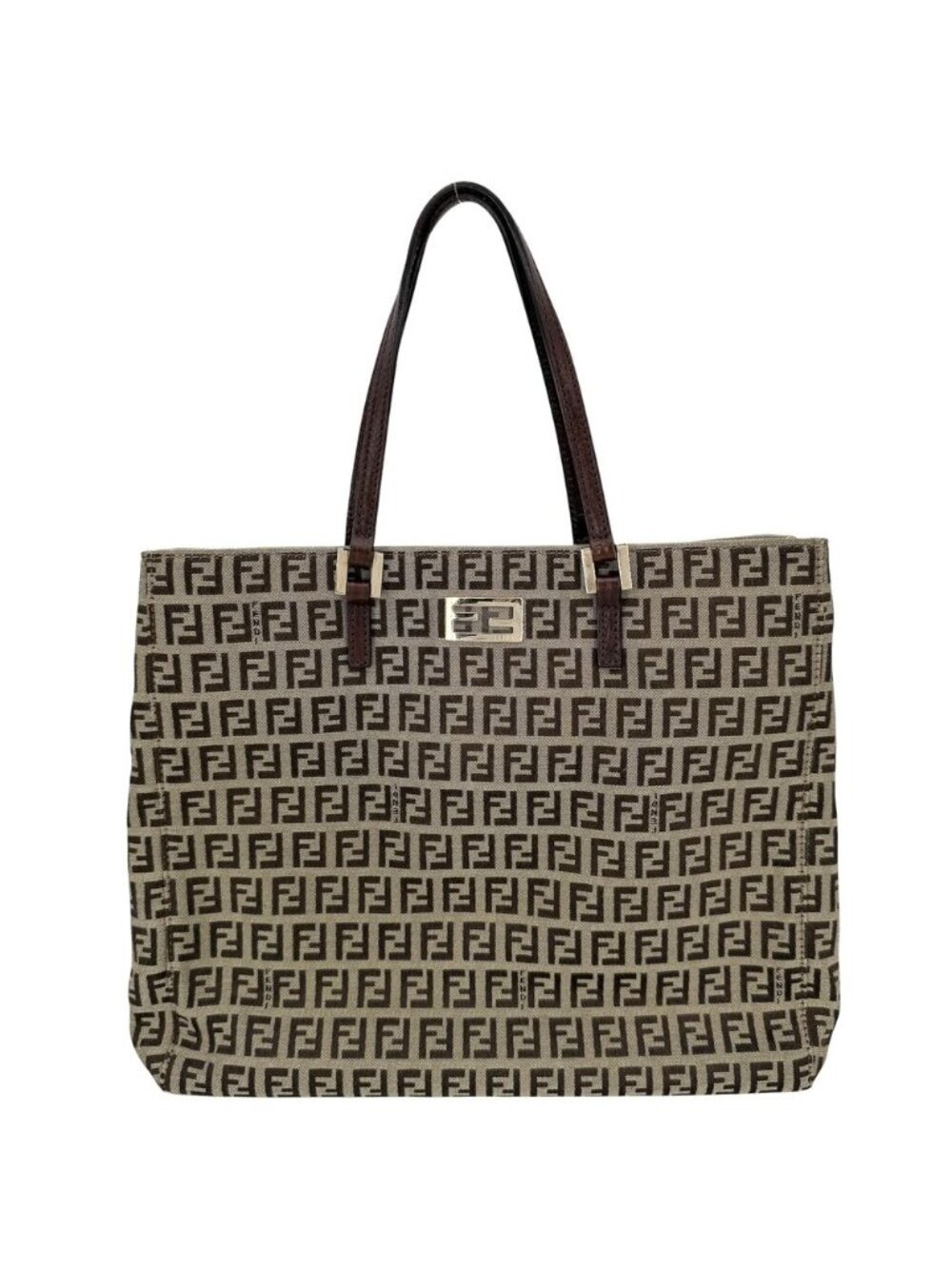 Fendi Tote Zucchino Handbag Canvas Leather Brown Gold